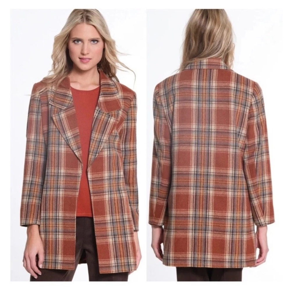 Multiples Women M Long Sleeve Open Front Plaid Jacket Casual Cozy Coat Academia - Picture 2 of 6